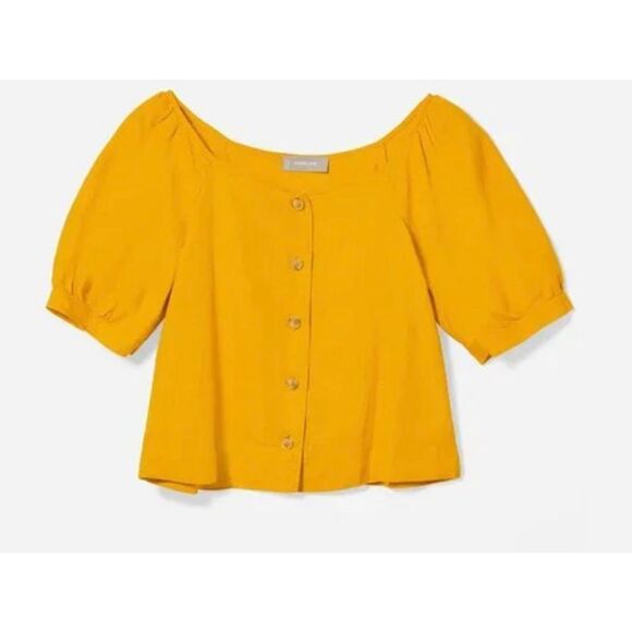 Everlane yellow linen blend button front puff sleeve cropped hoodie 8 - Picture 1 of 10